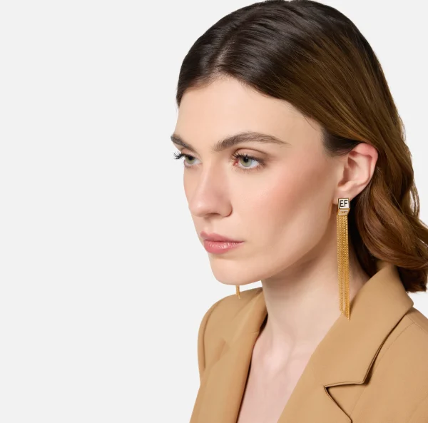Elisabetta Franchi Bijoux^Orecchini pendenti in metallo con placca logo smaltata OroGiallo/Avorio