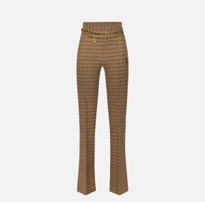 Elisabetta Franchi Tailleur | Pantaloni E Shorts^Pantalone a palazzo in crêpe stampa rombo con catena Camel/Nero