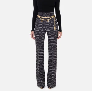 Elisabetta Franchi Tailleur | Pantaloni E Shorts^Pantalone a palazzo in crêpe stampa rombo con catena Nero/Burro