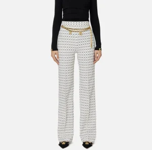 Elisabetta Franchi Tailleur | Pantaloni E Shorts^Pantalone a palazzo in crêpe stampa rombo con catena Burro/Nero