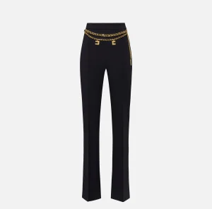 Elisabetta Franchi Pantaloni E Shorts^Pantalone a palazzo in crêpe stretch con cintura Nero