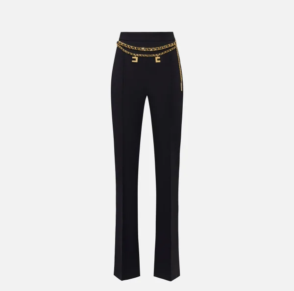 Elisabetta Franchi Pantaloni E Shorts^Pantalone a palazzo in crêpe stretch con cintura Nero