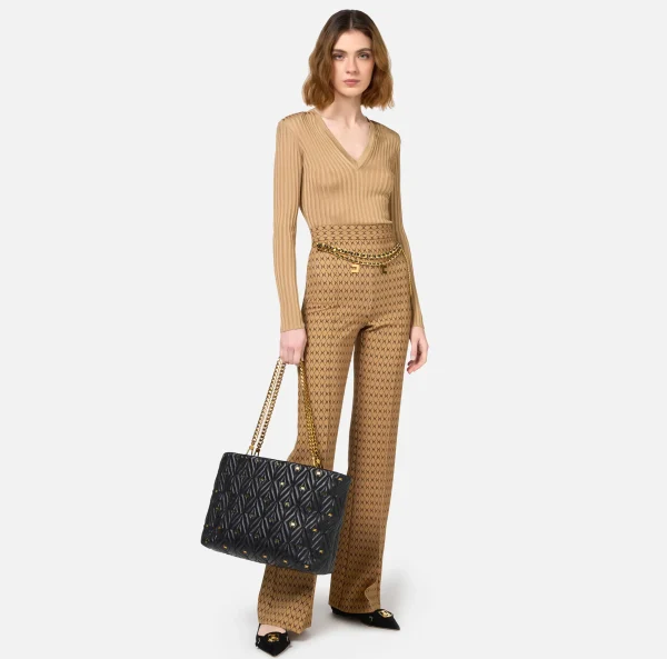 Elisabetta Franchi Tailleur | Pantaloni E Shorts^Pantalone a palazzo in crêpe stampa rombo con catena Camel/Nero