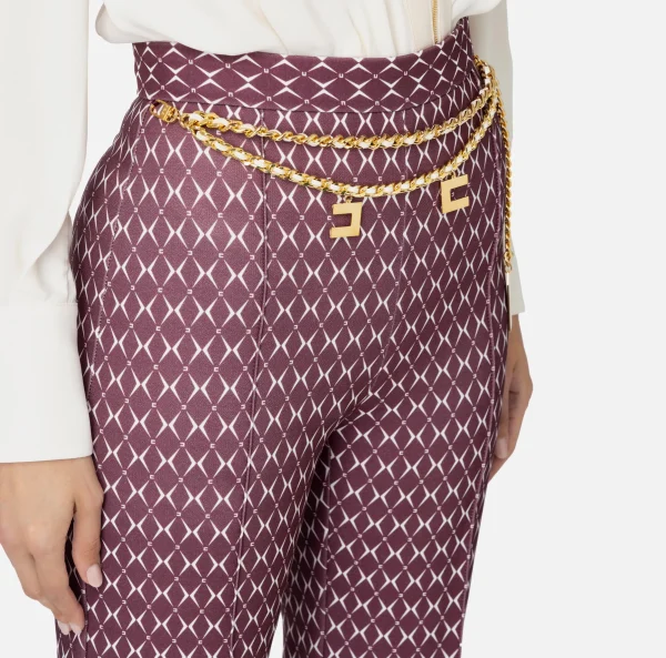 Elisabetta Franchi Tailleur | Pantaloni E Shorts^Pantalone a palazzo in crêpe stampa rombo con catena RougeNoir/Burro