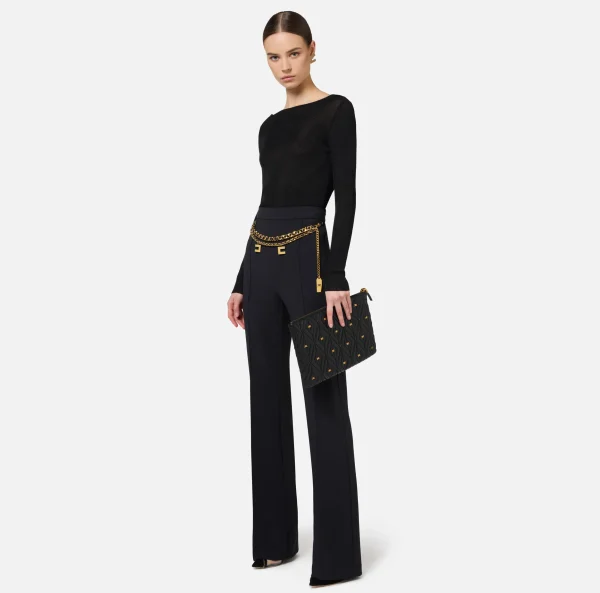 Elisabetta Franchi Pantaloni E Shorts^Pantalone a palazzo in crêpe stretch con cintura Nero