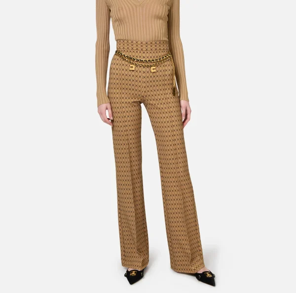 Elisabetta Franchi Tailleur | Pantaloni E Shorts^Pantalone a palazzo in crêpe stampa rombo con catena Camel/Nero