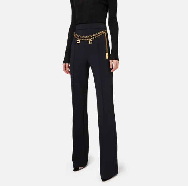 Elisabetta Franchi Pantaloni E Shorts^Pantalone a palazzo in crêpe stretch con cintura Nero