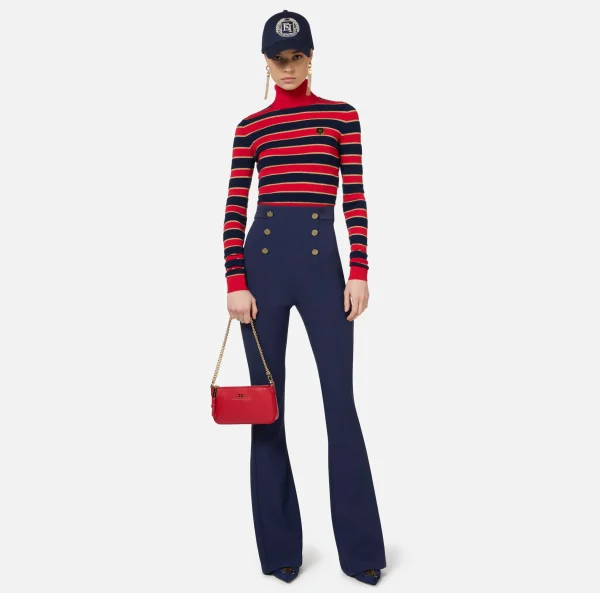 Elisabetta Franchi Pantaloni E Shorts^Pantalone a zampa in crêpe con fascione in raso Navy