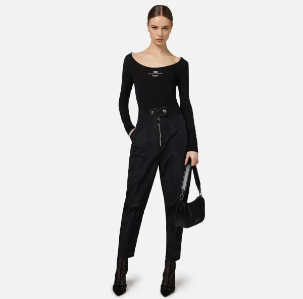 Elisabetta Franchi Pantaloni E Shorts^Pantalone boyfriend in nylon tecnico con elastico logato Nero