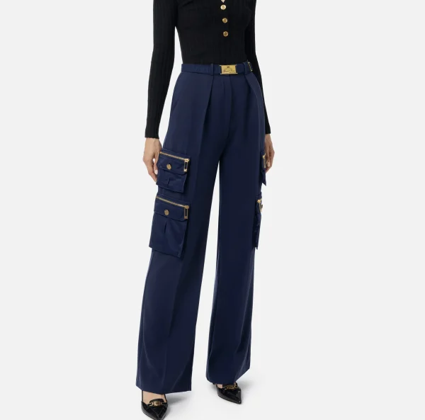 Elisabetta Franchi Pantaloni E Shorts^Pantalone dritto in crêpe con tasche e cintura Navy