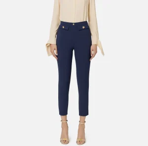 Elisabetta Franchi Tailleur | Pantaloni E Shorts^Pantalone dritto in crêpe stretch con rivetto logo Navy