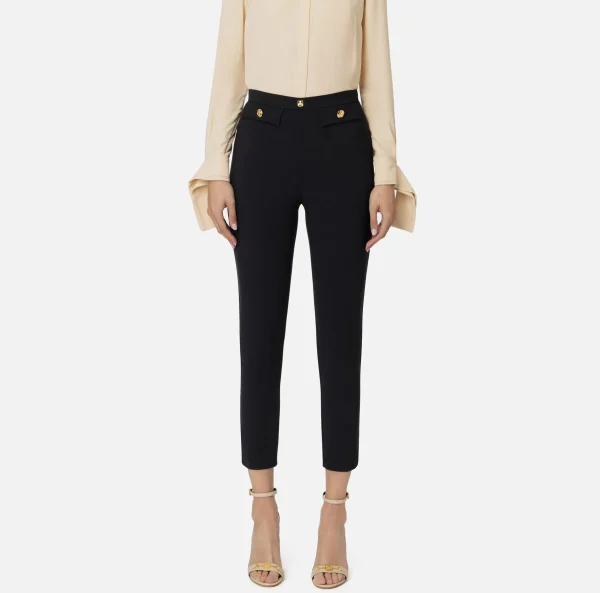 Elisabetta Franchi Tailleur | Pantaloni E Shorts^Pantalone dritto in crêpe stretch con rivetto logo Nero