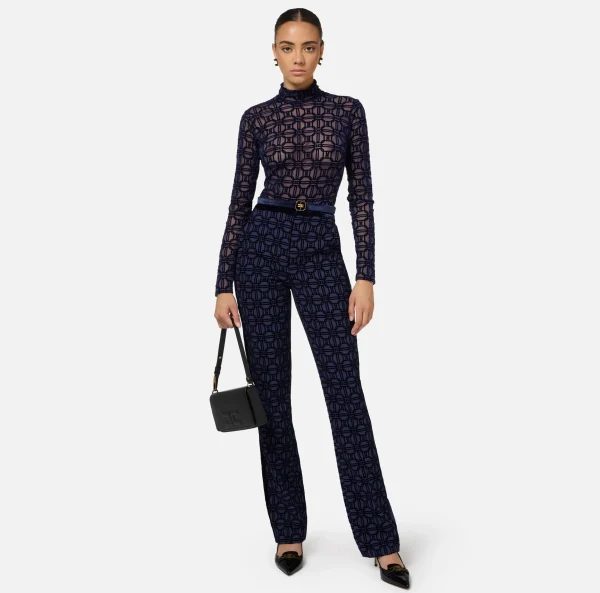 Elisabetta Franchi Tailleur | Pantaloni E Shorts^Pantalone dritto in crêpe flock con cintura Navy