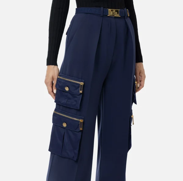 Elisabetta Franchi Pantaloni E Shorts^Pantalone dritto in crêpe con tasche e cintura Navy