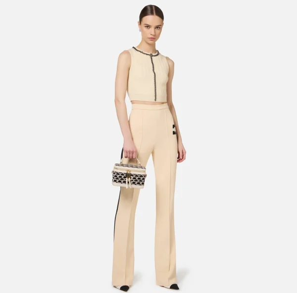Elisabetta Franchi Pantaloni E Shorts^Pantalone dritto in crêpe stretch con bande e ricamo logo Steel/Burro