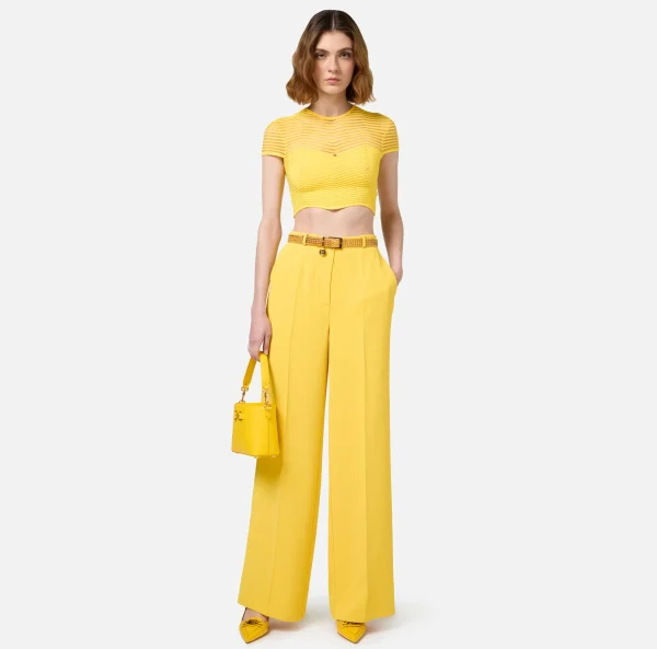 Elisabetta Franchi Pantaloni E Shorts^Pantalone dritto in crêpe fermo con placca logo Mimosa