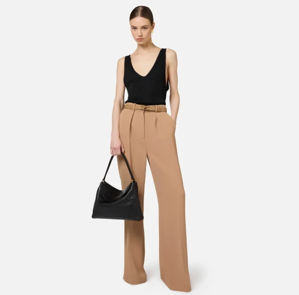 Elisabetta Franchi Pantaloni E Shorts^Pantalone dritto in crêpe fermo con rivetto stemma Camel