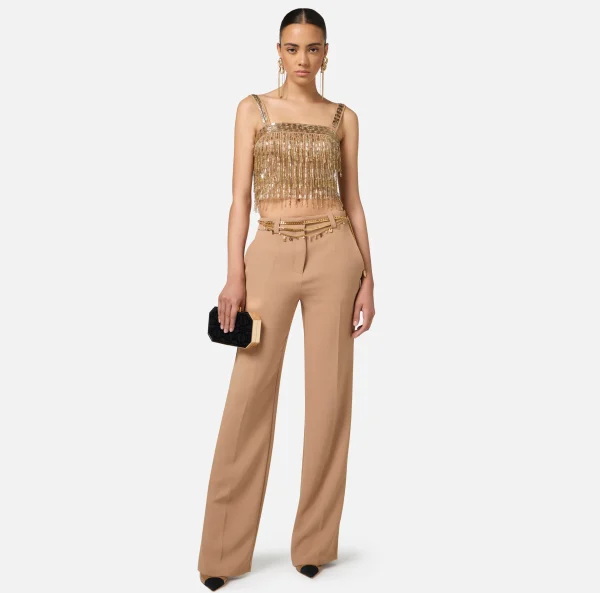 Elisabetta Franchi Pantaloni E Shorts^Pantalone dritto in crêpe con ricamo stemma Camel