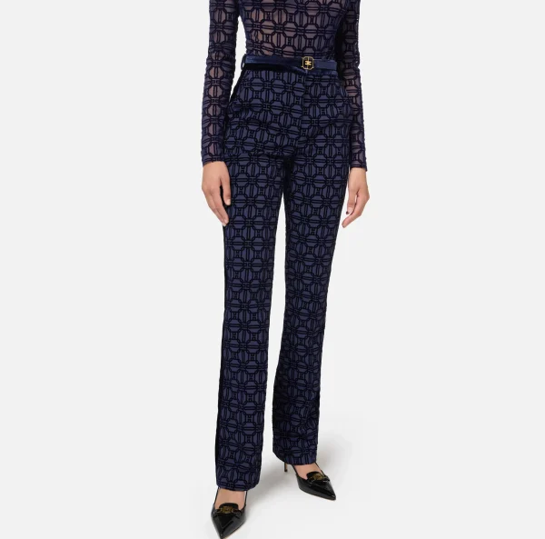 Elisabetta Franchi Tailleur | Pantaloni E Shorts^Pantalone dritto in crêpe flock con cintura Navy