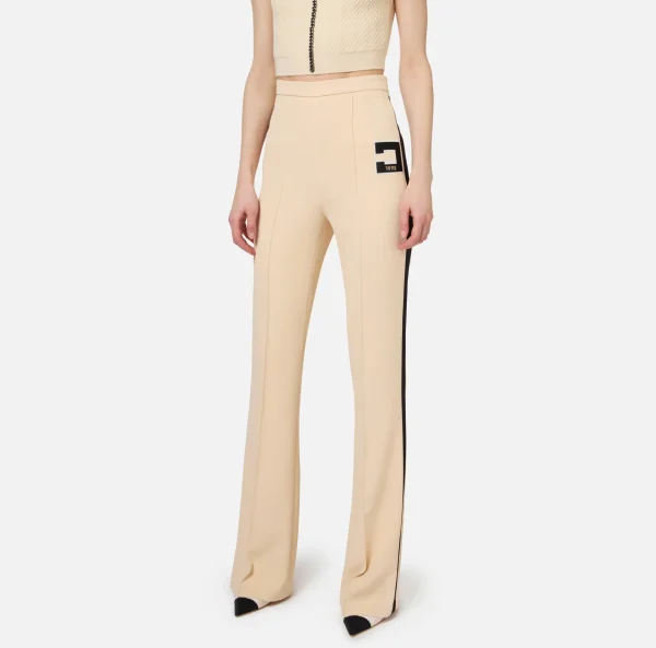 Elisabetta Franchi Pantaloni E Shorts^Pantalone dritto in crêpe stretch con bande e ricamo logo Steel/Burro