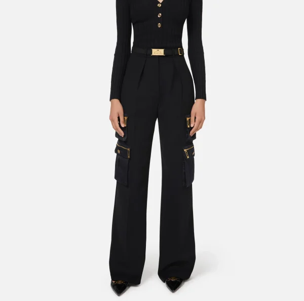 Elisabetta Franchi Pantaloni E Shorts^Pantalone dritto in crêpe con tasche e cintura Nero