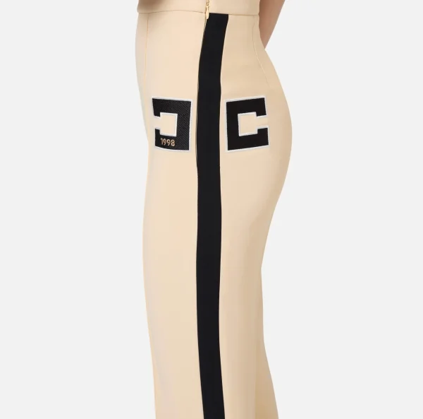 Elisabetta Franchi Pantaloni E Shorts^Pantalone dritto in crêpe stretch con bande e ricamo logo Steel/Burro