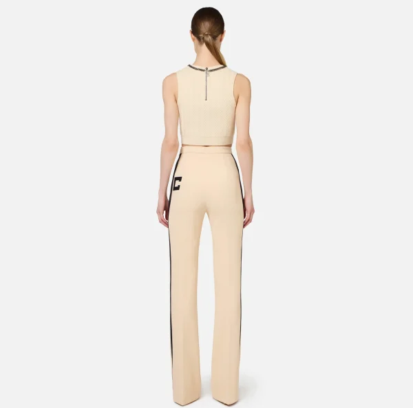 Elisabetta Franchi Pantaloni E Shorts^Pantalone dritto in crêpe stretch con bande e ricamo logo Steel/Burro