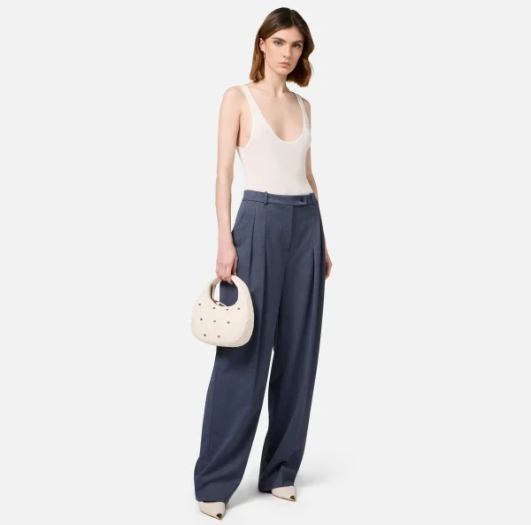 Elisabetta Franchi Tailleur | Pantaloni E Shorts^Pantalone dritto in fresco lana mélange con doppie pinces Navy