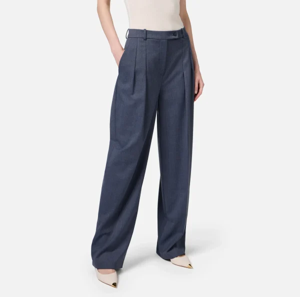 Elisabetta Franchi Tailleur | Pantaloni E Shorts^Pantalone dritto in fresco lana mélange con doppie pinces Navy