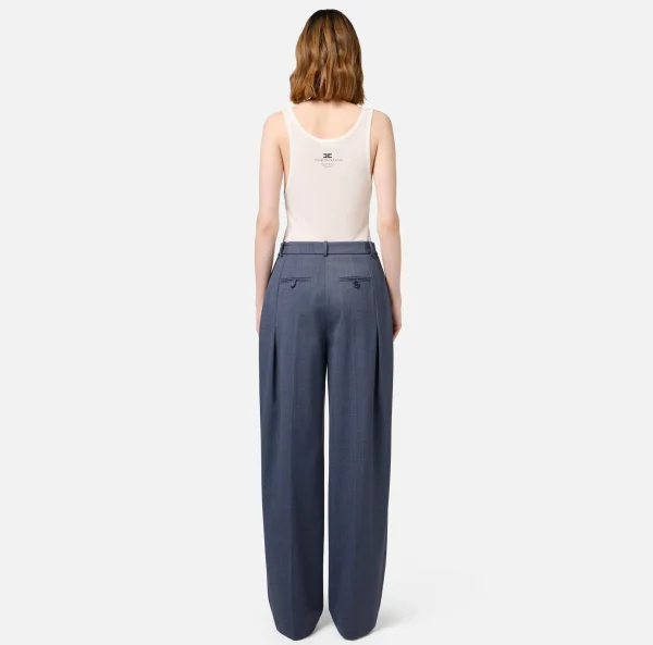 Elisabetta Franchi Tailleur | Pantaloni E Shorts^Pantalone dritto in fresco lana mélange con doppie pinces Navy