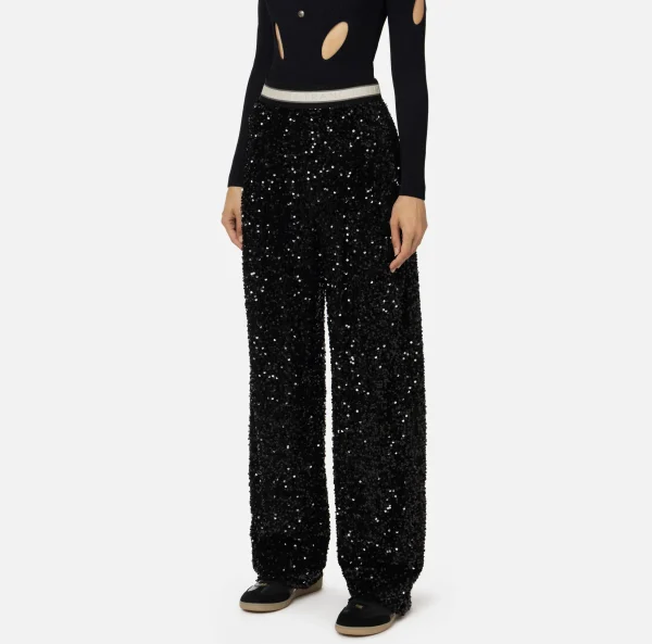 Elisabetta Franchi Tailleur | Pantaloni E Shorts^Pantalone in ciniglia ricamata con paillettes Nero