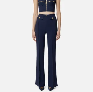 Elisabetta Franchi Tailleur | Pantaloni E Shorts^Pantalone palazzo in crêpe stretch con rivetto logo Navy