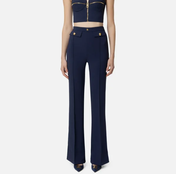 Elisabetta Franchi Tailleur | Pantaloni E Shorts^Pantalone palazzo in crêpe stretch con rivetto logo Navy