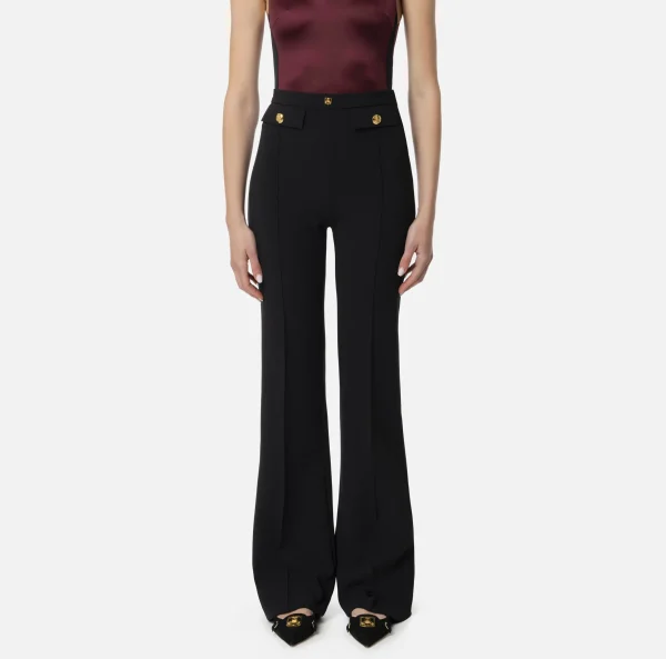 Elisabetta Franchi Tailleur | Pantaloni E Shorts^Pantalone palazzo in crêpe stretch con rivetto logo Nero