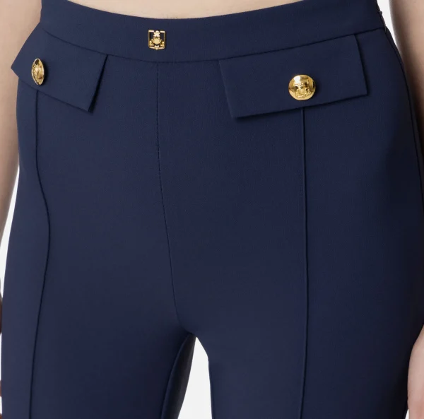Elisabetta Franchi Tailleur | Pantaloni E Shorts^Pantalone palazzo in crêpe stretch con rivetto logo Navy