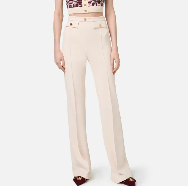 Elisabetta Franchi Tailleur | Pantaloni E Shorts^Pantalone palazzo in crêpe stretch con rivetto logo Burro