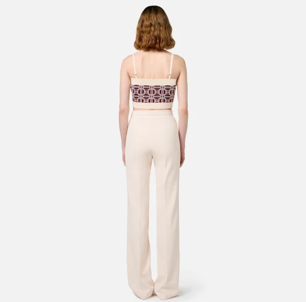 Elisabetta Franchi Tailleur | Pantaloni E Shorts^Pantalone palazzo in crêpe stretch con rivetto logo Burro