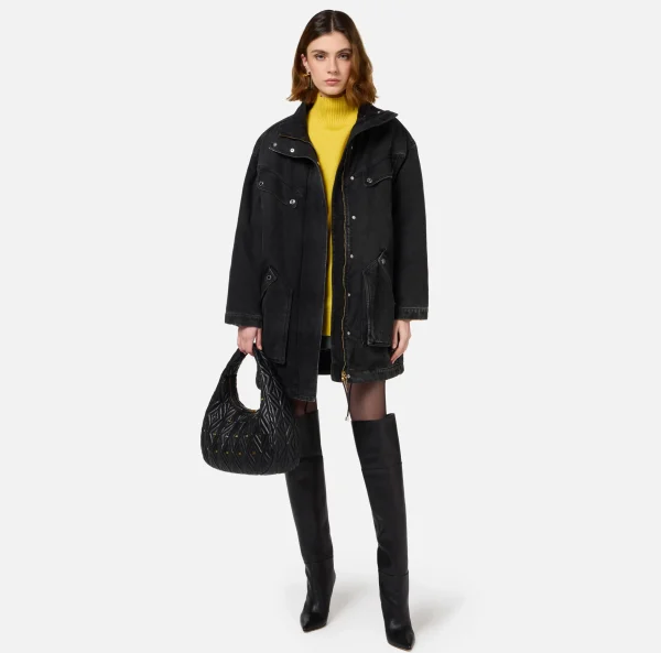 Elisabetta Franchi Giacche & Trench^Parka over in denim con ecomontone Nero
