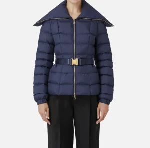 Elisabetta Franchi Capispalla^Piumino corto in nylon con ampio collo Navy