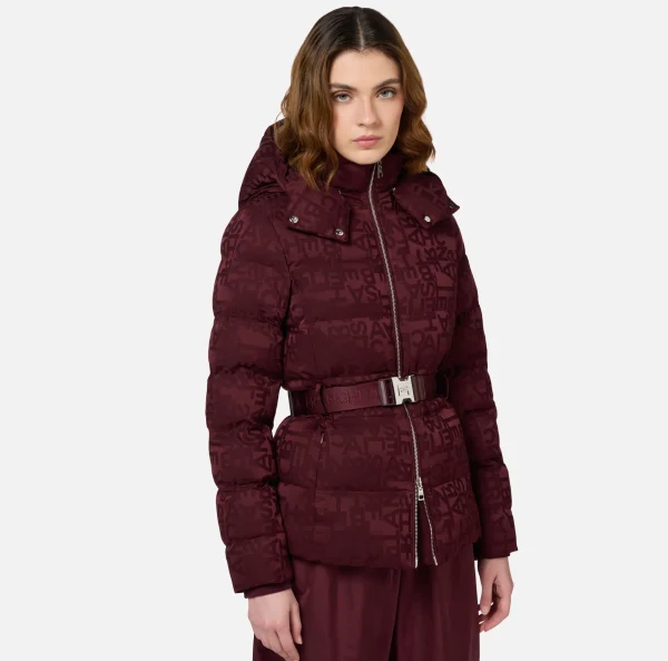 Elisabetta Franchi Capispalla^Piumino corto in nylon jacquard lettering RougeNoir