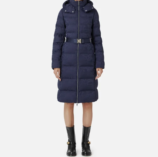 Elisabetta Franchi Capispalla^Piumino lungo in nylon jacquard lettering Navy