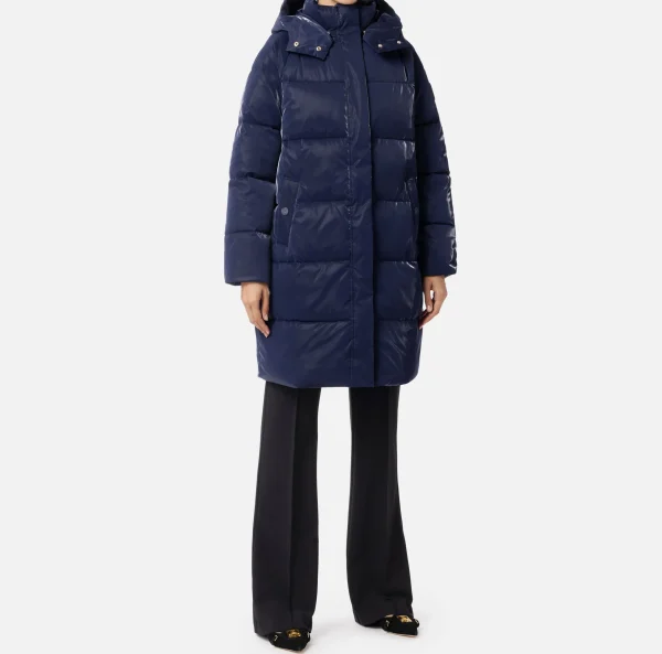 Elisabetta Franchi Capispalla^Piumino lungo in nylon satin con cappuccio Navy