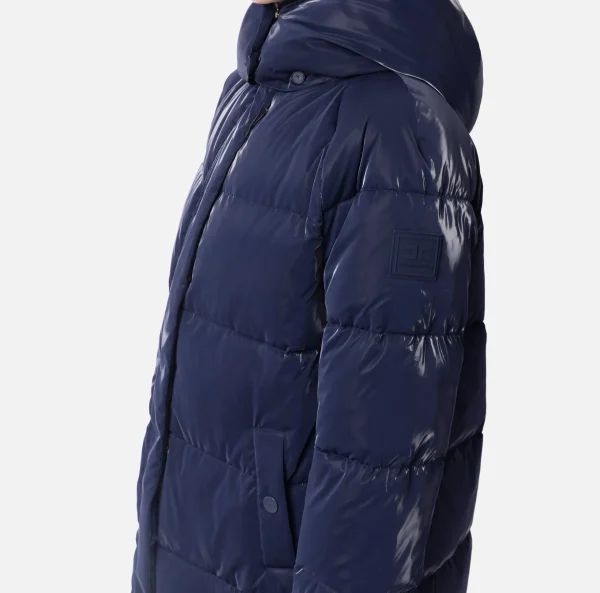 Elisabetta Franchi Capispalla^Piumino lungo in nylon satin con cappuccio Navy