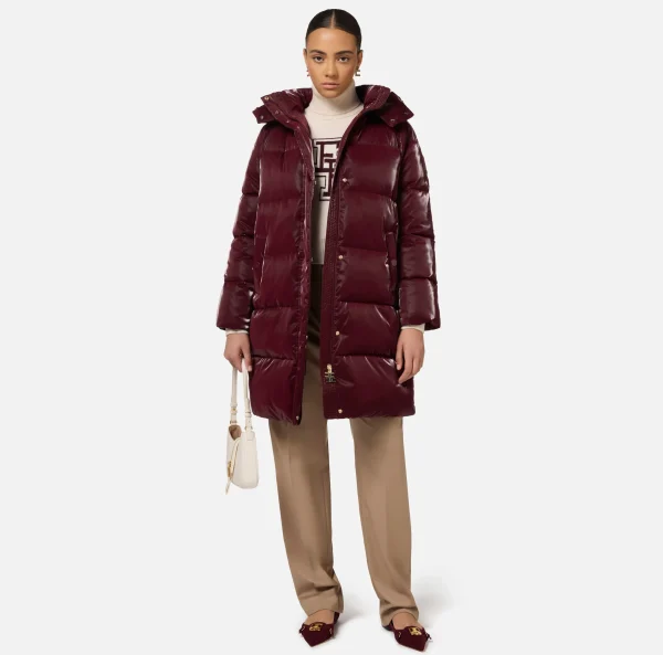 Elisabetta Franchi Capispalla^Piumino lungo in nylon satin con cappuccio RougeNoir