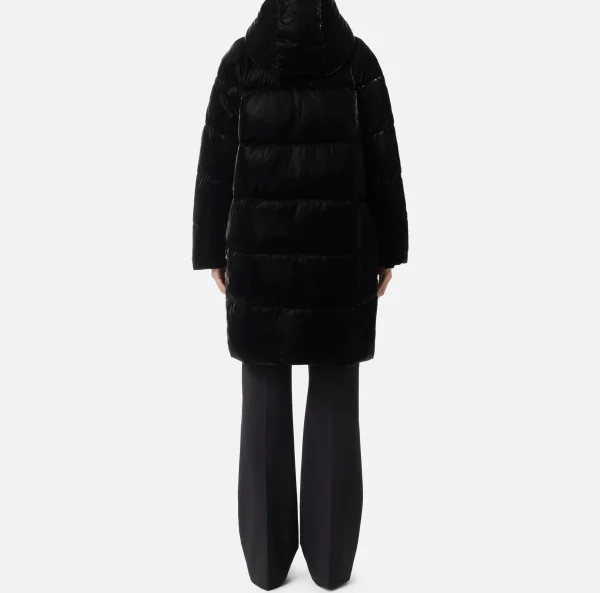 Elisabetta Franchi Capispalla^Piumino lungo in nylon satin con cappuccio Nero