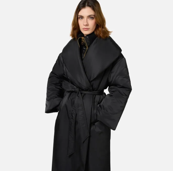 Elisabetta Franchi Capispalla^Piumino lungo in nylon satin con ampio collo Nero