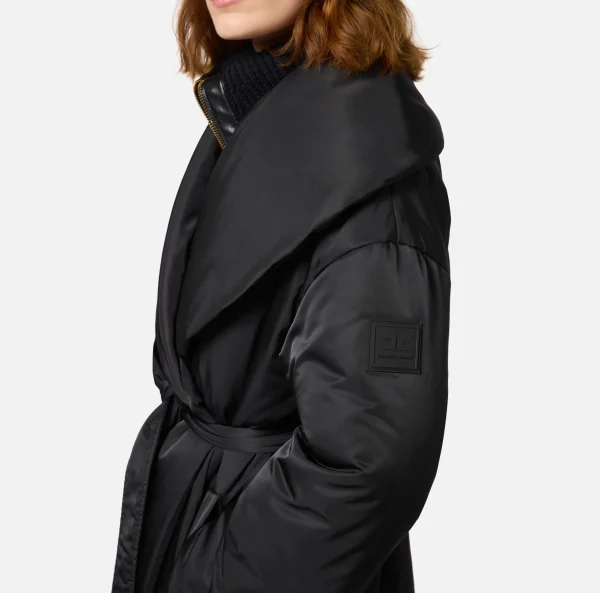 Elisabetta Franchi Capispalla^Piumino lungo in nylon satin con ampio collo Nero