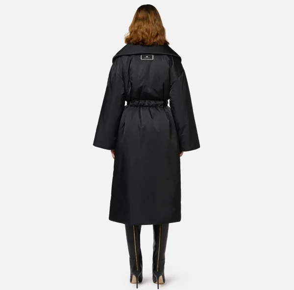 Elisabetta Franchi Capispalla^Piumino lungo in nylon satin con ampio collo Nero