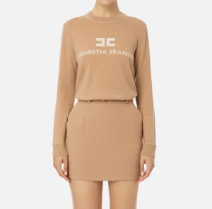 Elisabetta Franchi Maglieria E Felpe^Pullover in misto cashmere con logo CamelMelange/Avorio