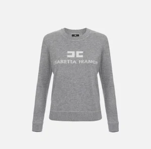 Elisabetta Franchi Maglieria E Felpe^Pullover in misto cashmere con logo GrigioMelange/Avorio